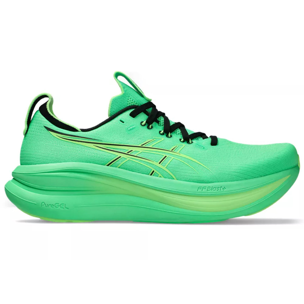 Side view on white background of Mens Asics Gel-Nimbus running shoe in Vital Green/Illuminate Green, Medium (Regular) width