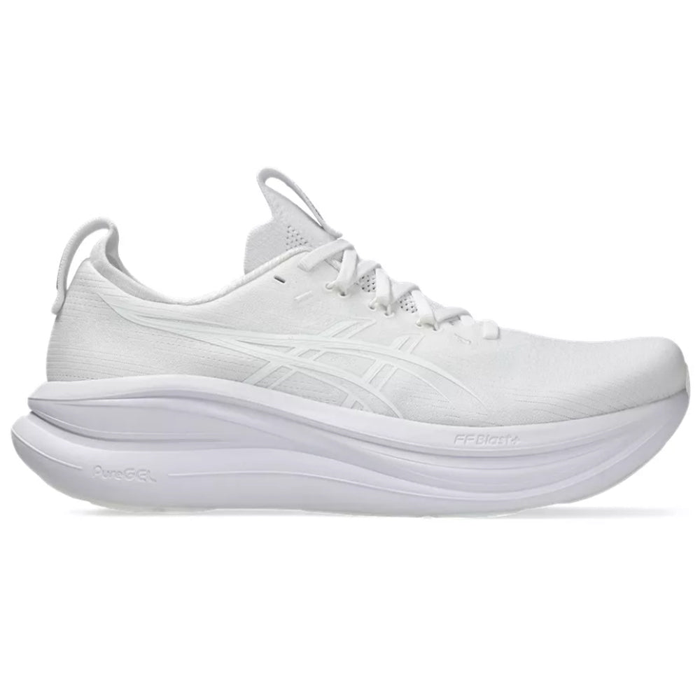 Side view on white background of Mens Asics Gel-Nimbus running shoe in White/White, Medium (Regular) width