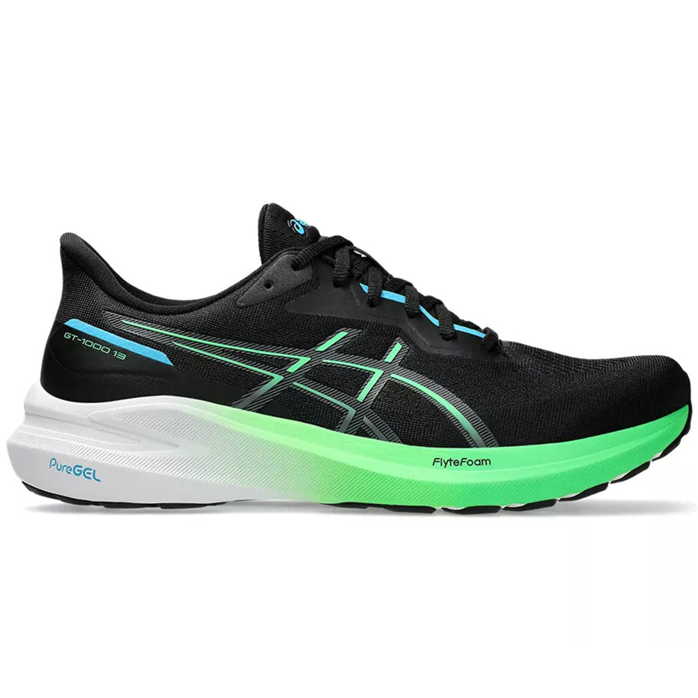 Side view on white background of Mens Asics GT-1000 running shoe in Black/Digital Aqua, Medium (Regular) width