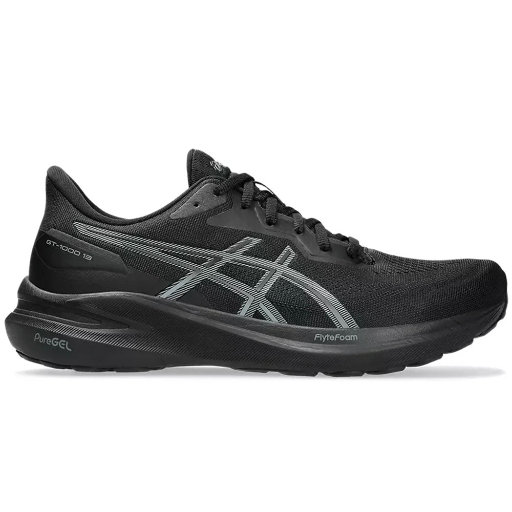 Side view on white background of Mens Asics GT-1000 running shoe in Black/Steel Grey, Medium (Regular) width