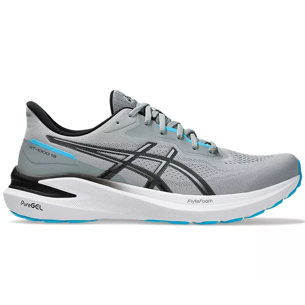 Side view on white background of Mens Asics GT-1000 running shoe in Sheet Rock/Black, Medium (Regular) width