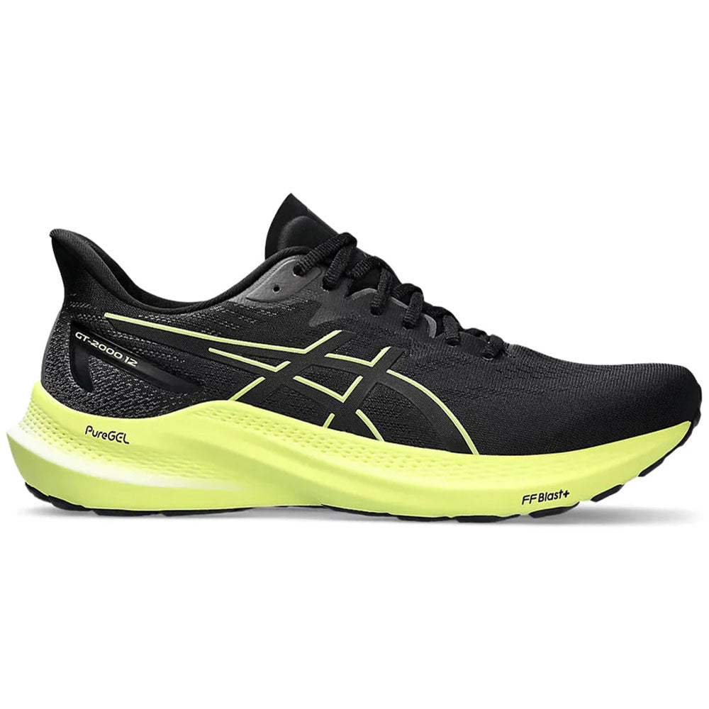 Asics GT-2000 Mens running shoes in Black/Glow Yellow - side view on a white background