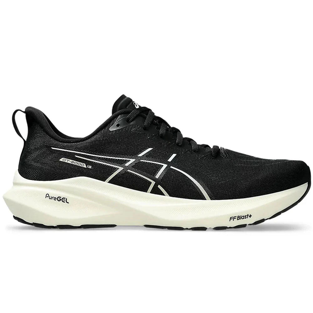 Side view on white background of Mens Asics GT-2000 running shoe in Black/White, Medium (Regular) width