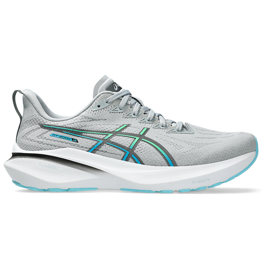 Side view on white background of Mens Asics GT-2000 running shoe in Piedmont Grey/Black, Medium (Regular) width