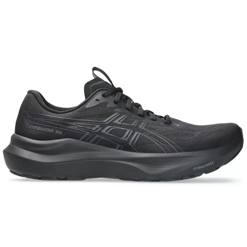 Side view on white background of Mens Asics GT-2000 running shoe in Black/Graphite Grey, Medium (Regular) width