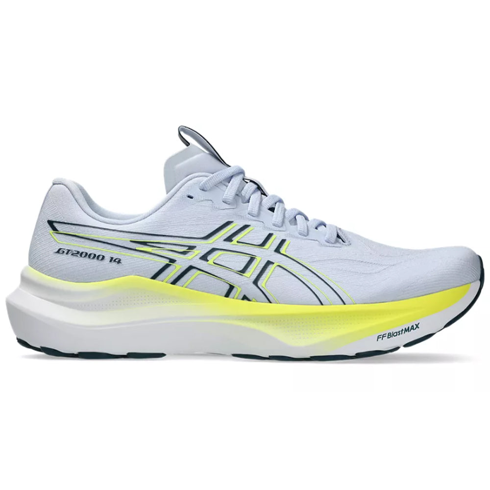 Side view on white background of Mens Asics GT-2000 running shoe in Blue Fade/Tranquil Teal, Medium (Regular) width