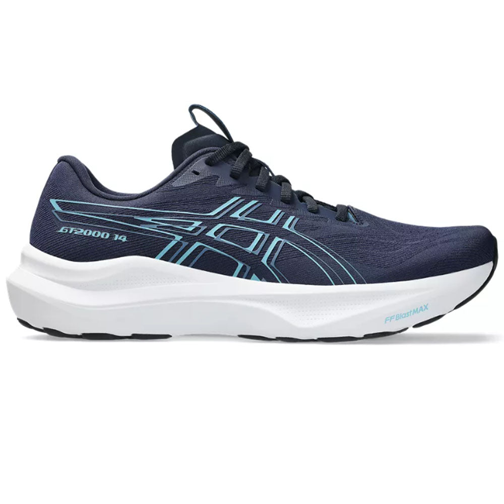 Side view on white background of Mens Asics GT-2000 running shoe in Midnight/Stillwater, Medium (Regular) width