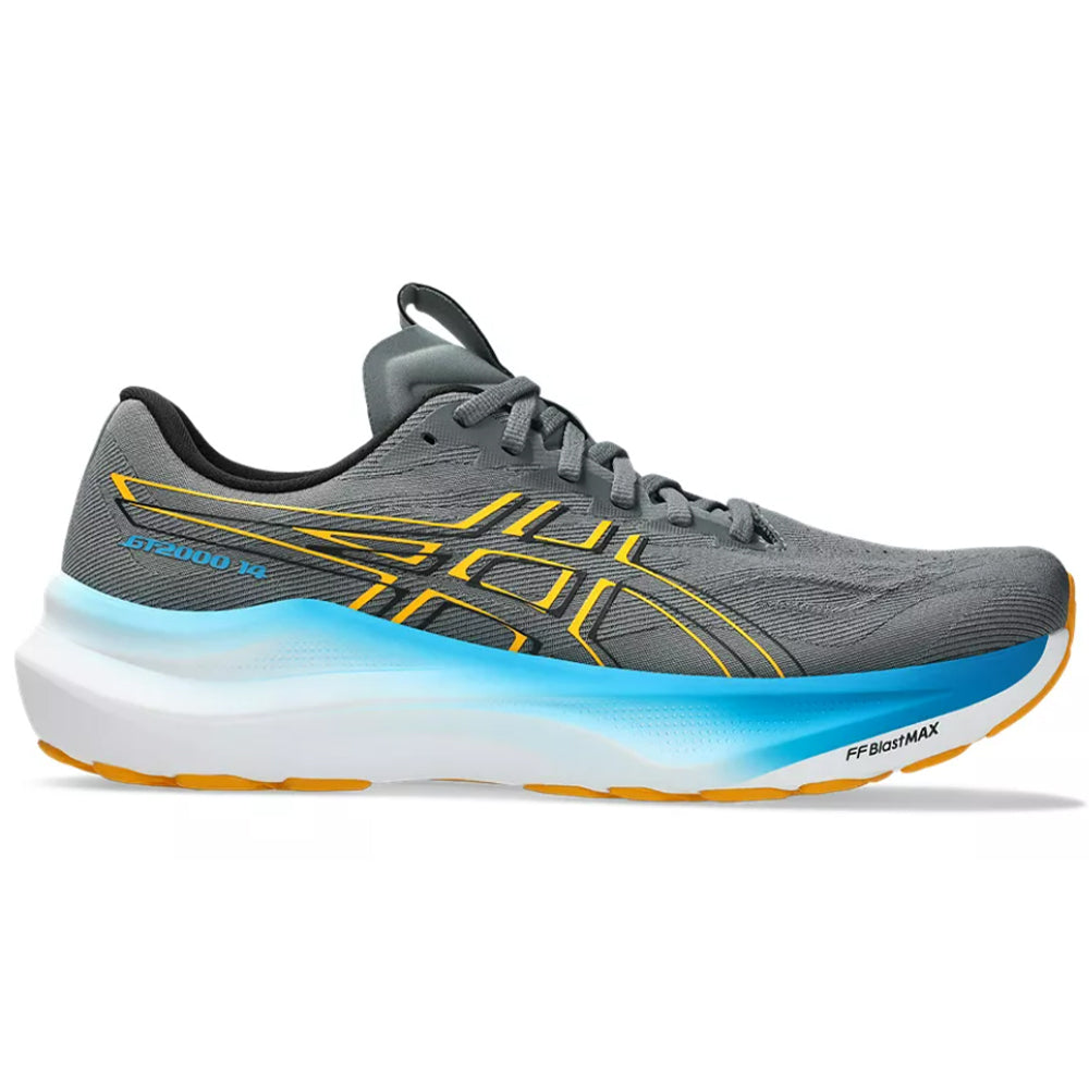 Side view on white background of Mens Asics GT-2000 running shoe in Steel Grey/Yamabuki, Medium (Regular) width