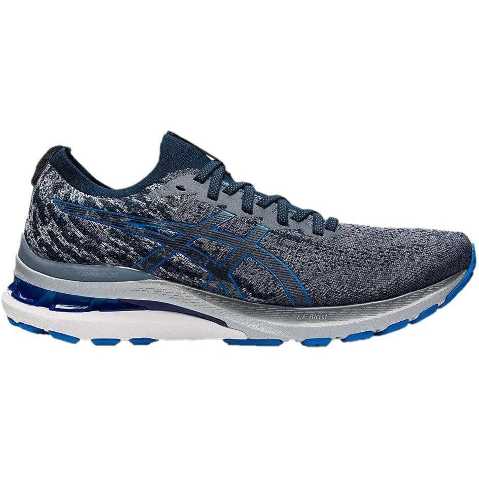 Side view on white background of Mens Asics Gel-Kayano running shoe in Carrier Grey/Electric Blue, Medium (Regular) width