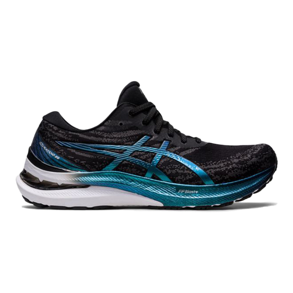 Side view on white background of Mens Asics Gel-Kayano running shoe in Black/Black, Medium (Regular) width