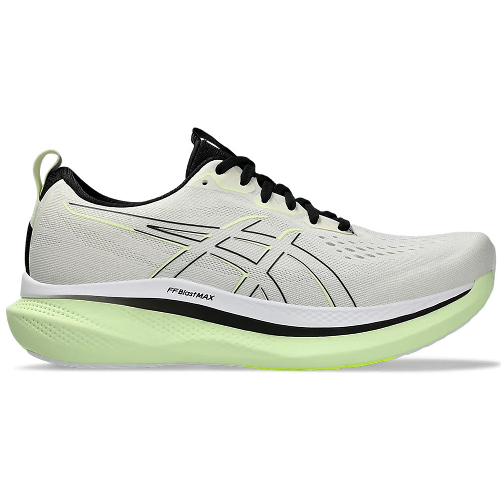 Side view on white background of Mens Asics Glideride running shoe in Birch/Black, Wide width