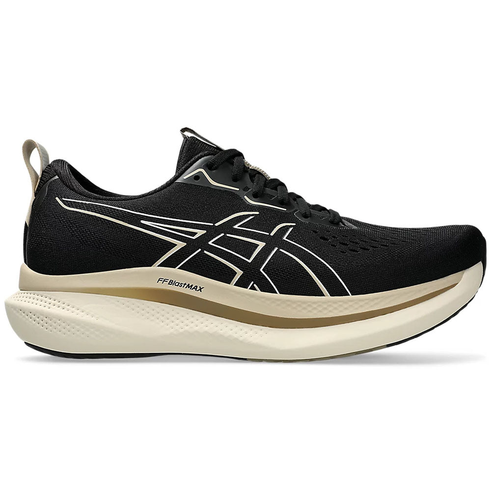 Side view on white background of Mens Asics Glideride Max running shoe in Black/Oatmeal, Medium (Regular) width
