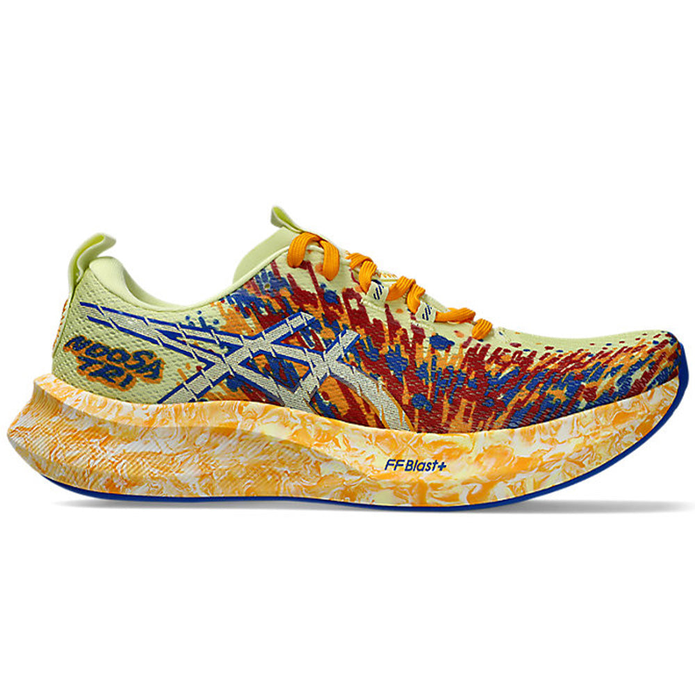 Side view on white background of Mens Asics Noosa Tri running shoe in Huddle Yellow/Illusion Blue, Medium (Regular) width