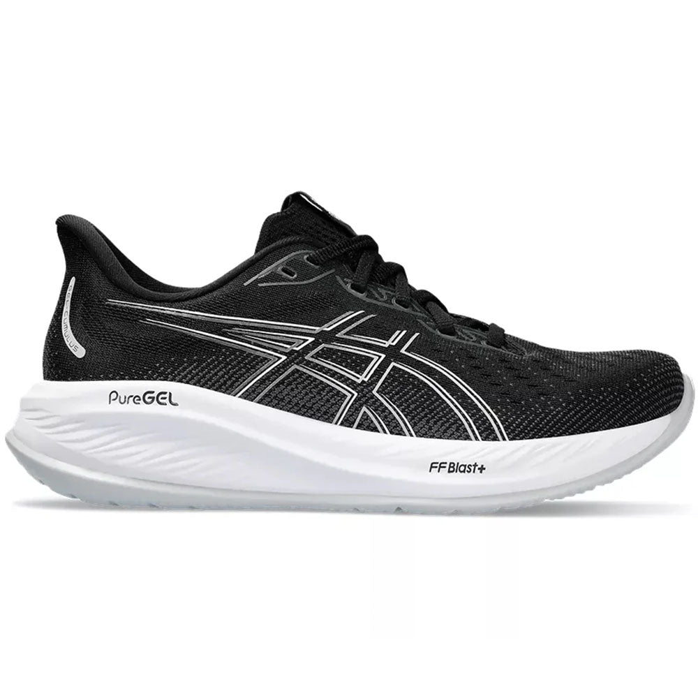 Asics Gel-Cumulus Womens running shoes in Black/Concrete - side view on a white background