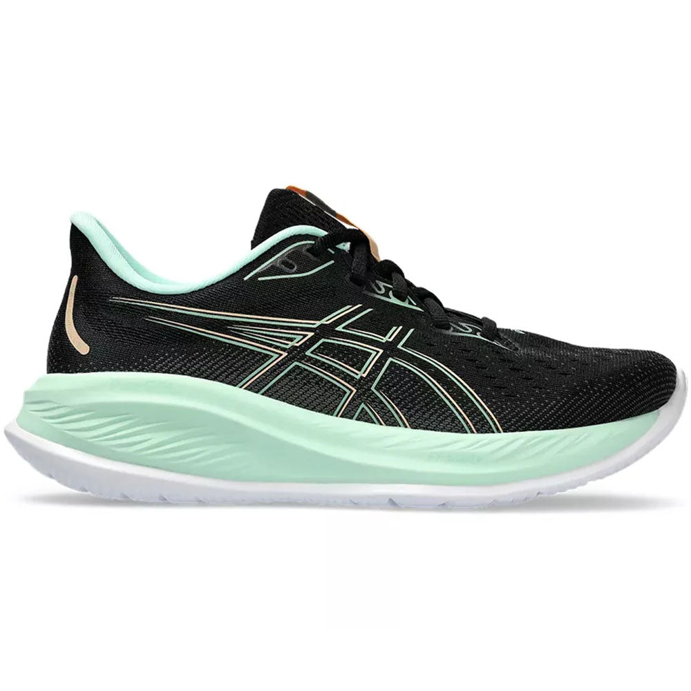 Side view on white background of Womens Asics Gel-Cumulus running shoe in Black/Mint Tint, Medium (Regular) width