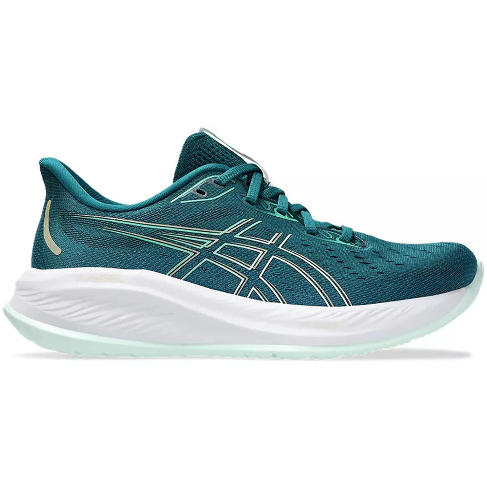 Side view on white background of Womens Asics Gel-Cumulus running shoe in Rich Teal/Pale Mint, Wide width