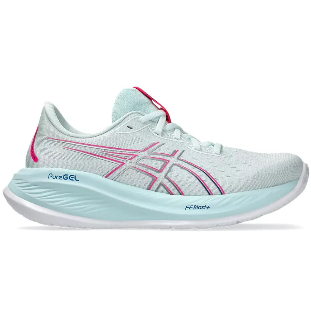 Side view on white background of Womens Asics Gel-Cumulus running shoe in Soothing Sea/Blue Expanse, Wide width