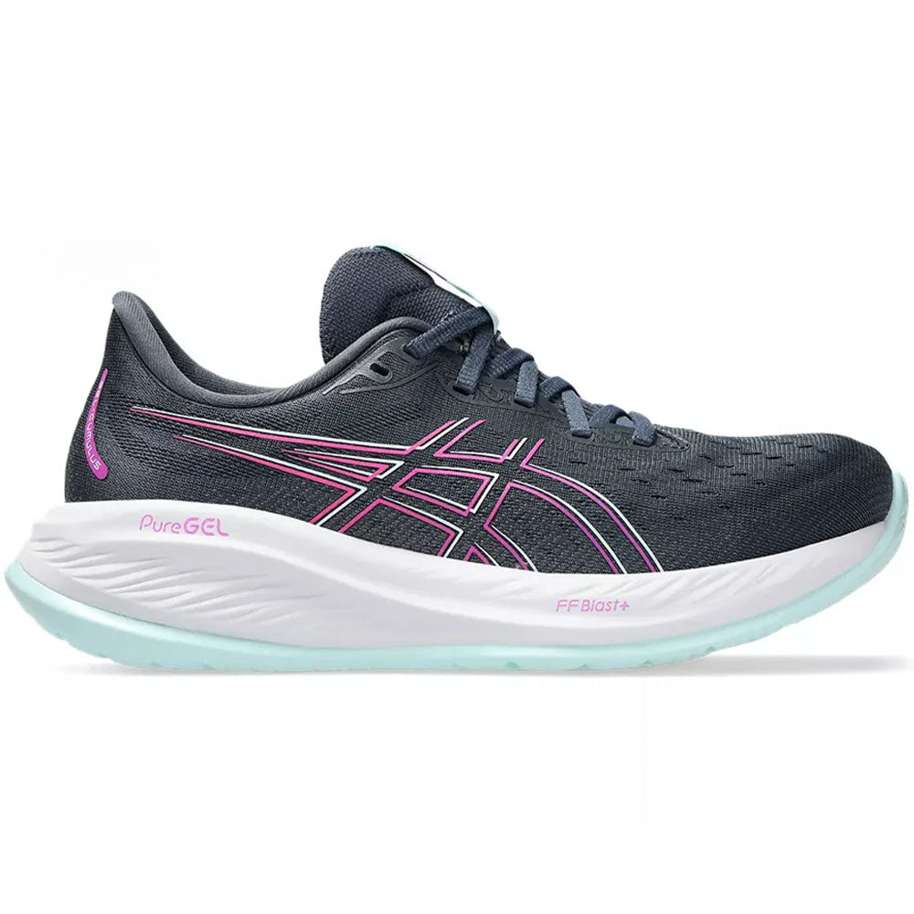 Side view on white background of Womens Asics Gel-Cumulus running shoe in Tarmac/Bold Magenta, Medium (Regular) width