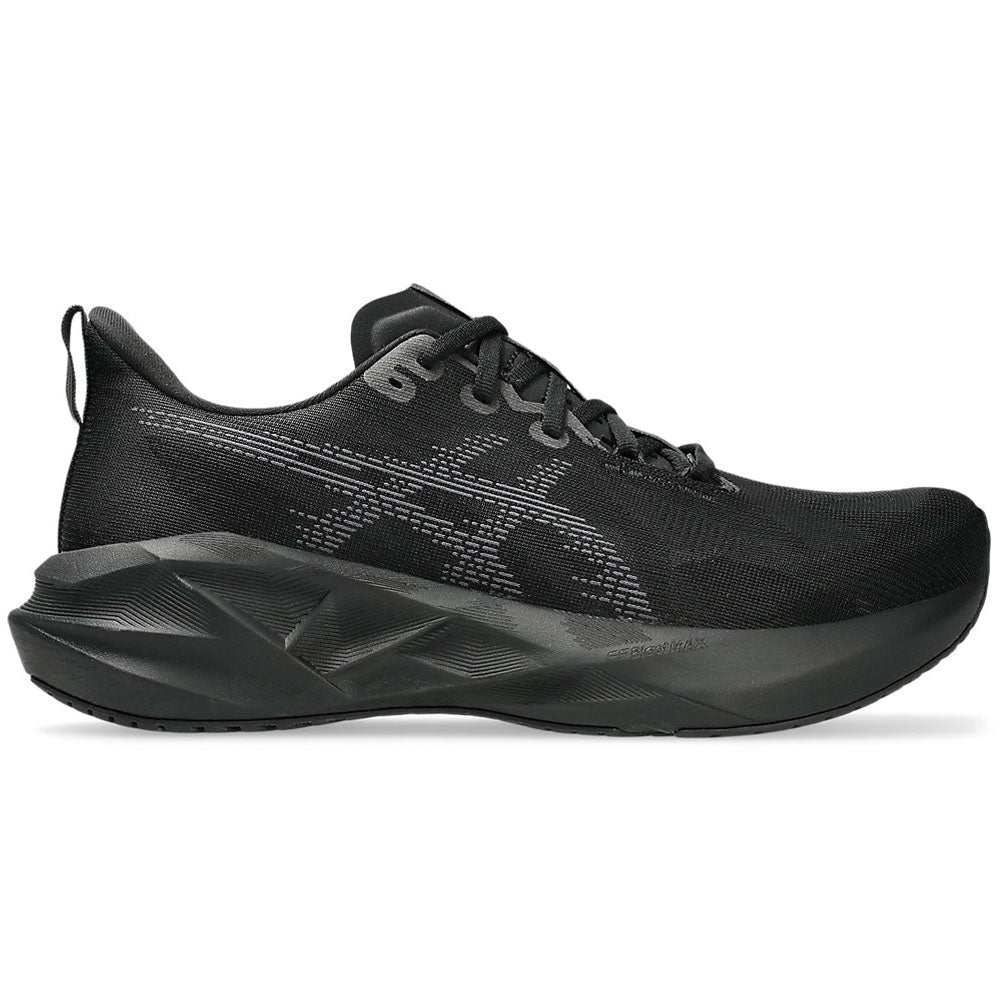 Side view on white background of Mens Asics Novablast running shoe in Black/Carrier Grey, Wide width