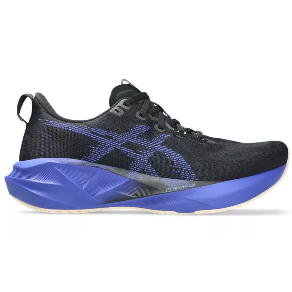 Side view on white background of Mens Asics Novablast running shoe in Black/Cobalt Burst, Medium (Regular) width