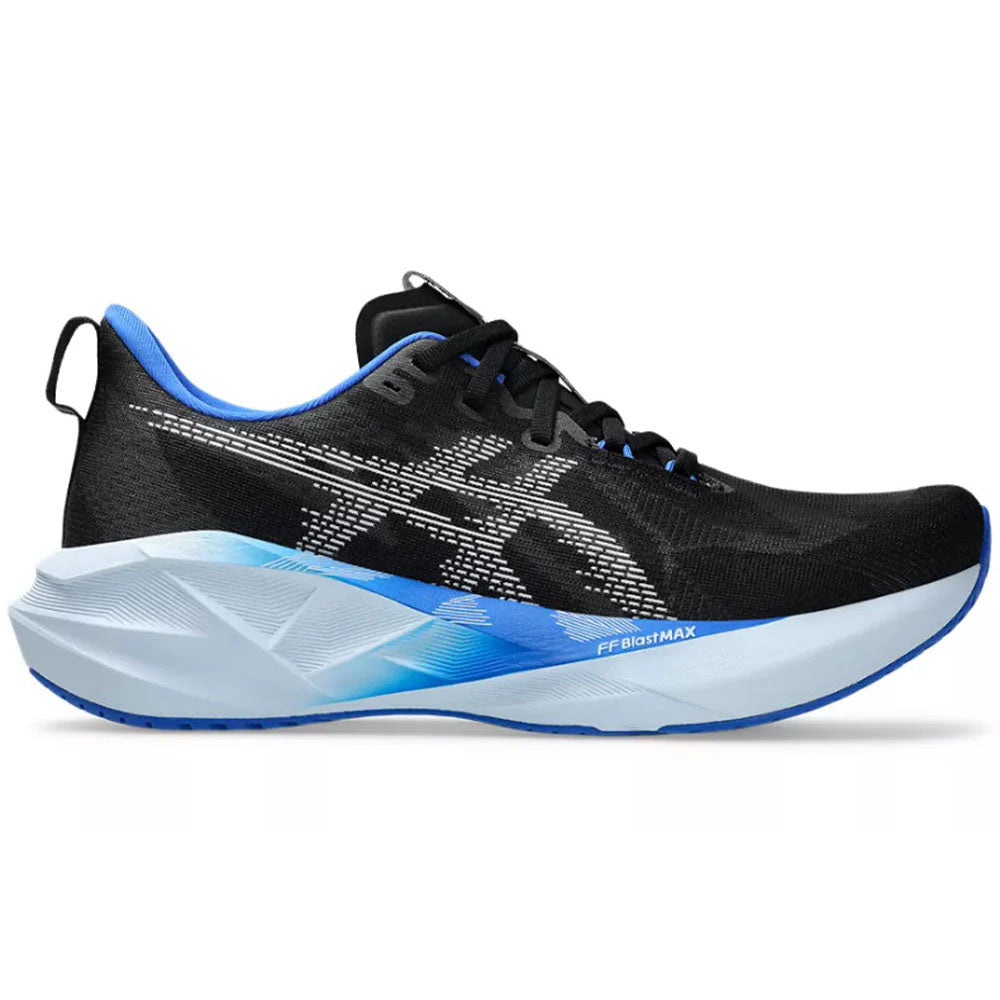 Side view on white background of Mens Asics Novablast running shoe in Black/White, Medium (Regular) width