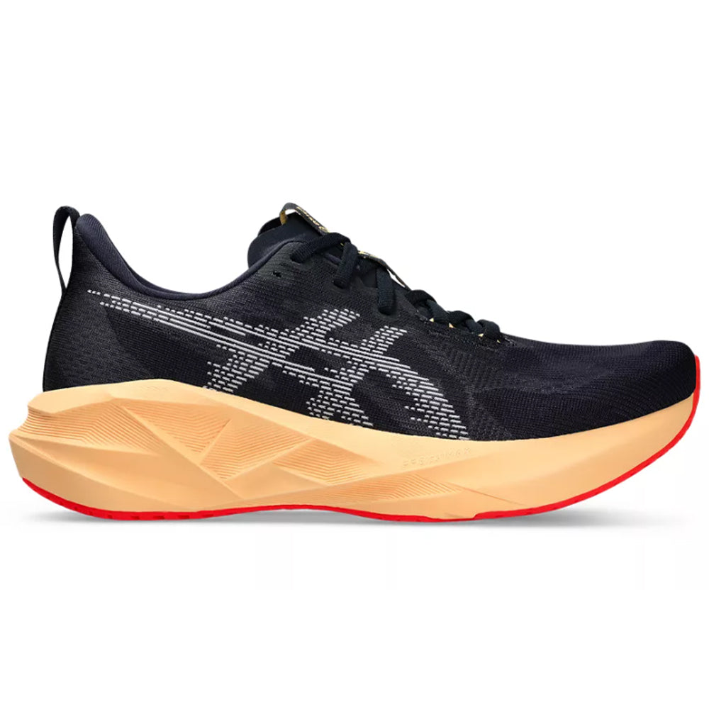 Side view on white background of Mens Asics Novablast running shoe in Midnight/Orange Glow, Wide width