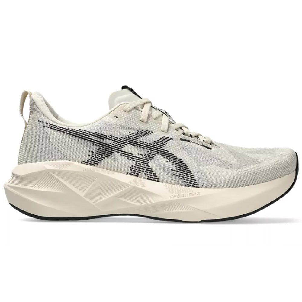 Side view on white background of Mens Asics Novablast 5 running shoe in Oatmeal/Black, Medium (Regular) width