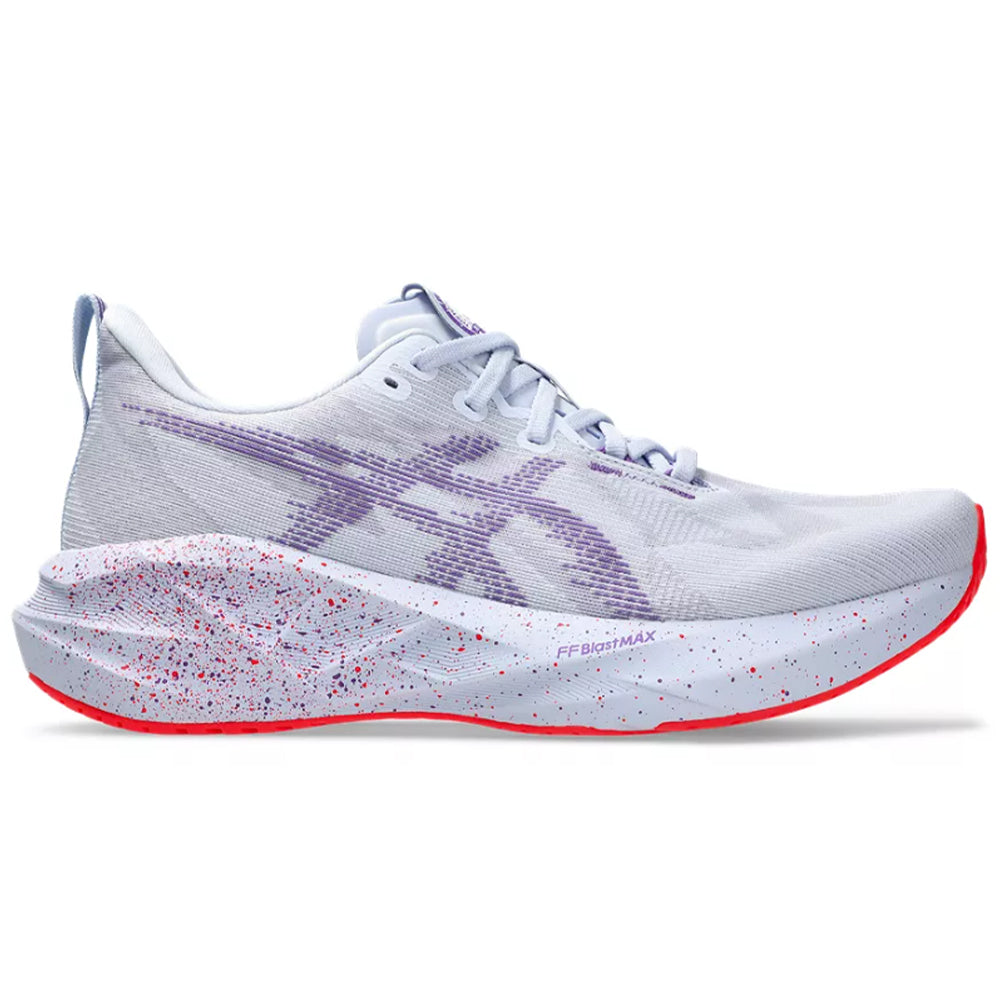 Side view on white background of Mens Asics Novablast running shoe in Blue Fade/Edo Purple, Medium (Regular) width