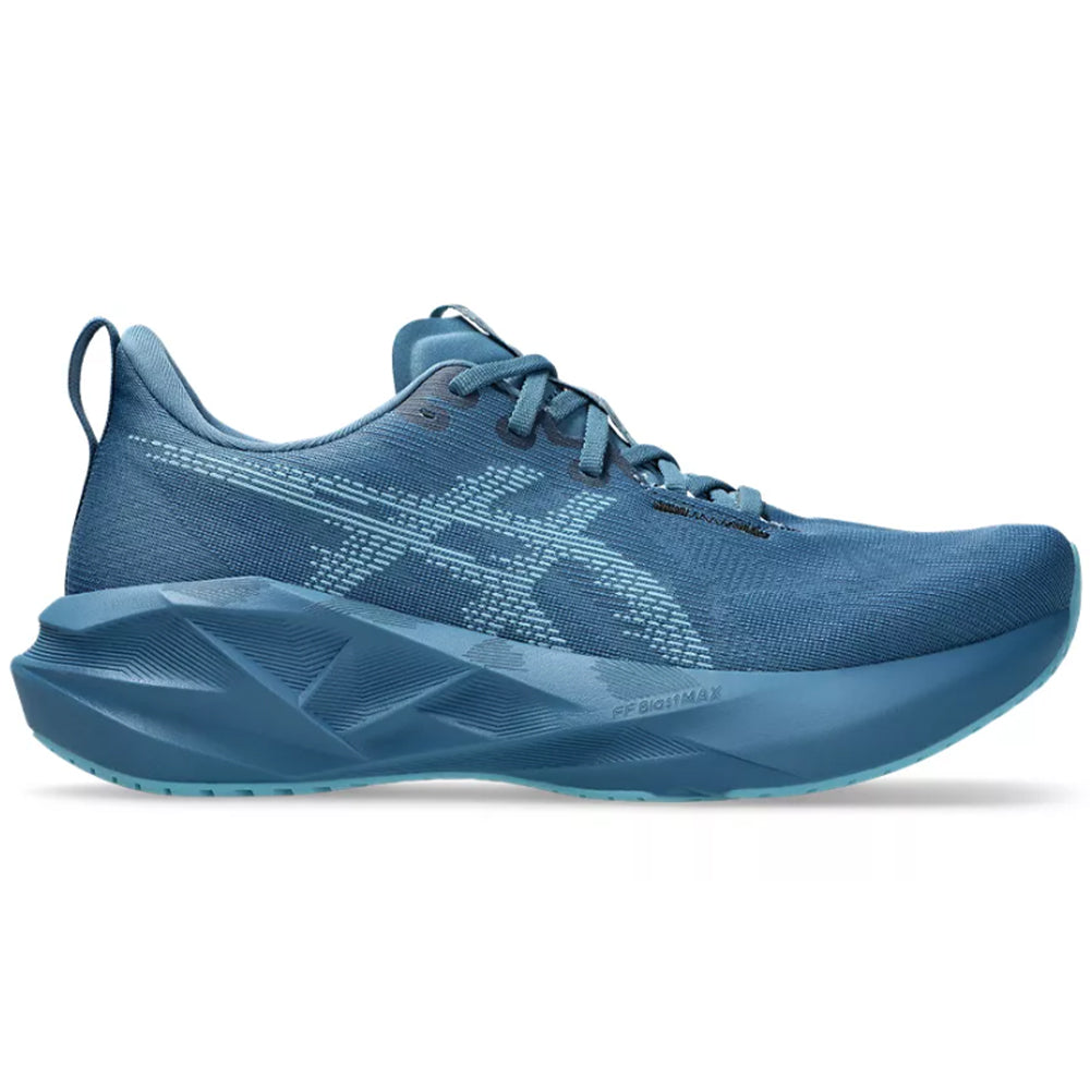 Side view on white background of Mens Asics Novablast running shoe in Winter Sea/Stillwater, Medium (Regular) width