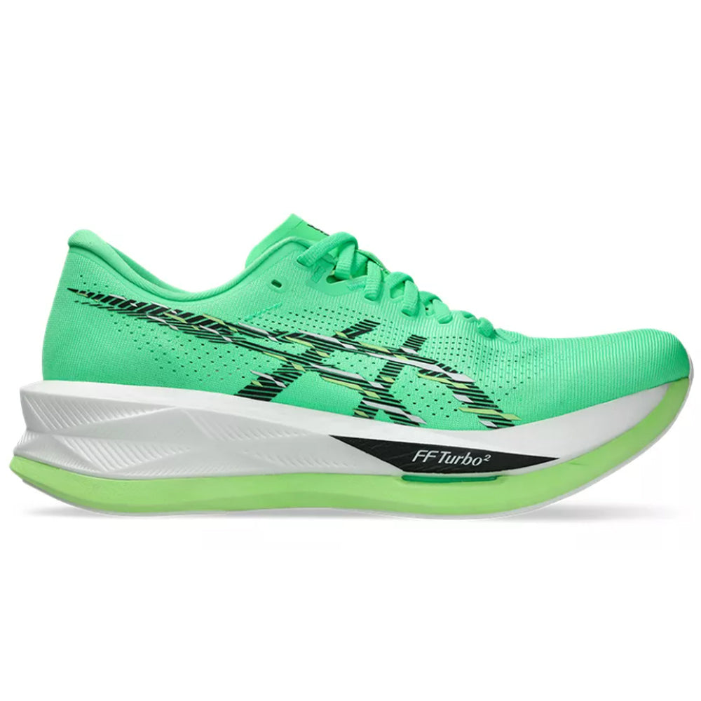 Side view on white background of Mens Asics Sonicblast running shoe in Vital Green/Black, Medium (Regular) width