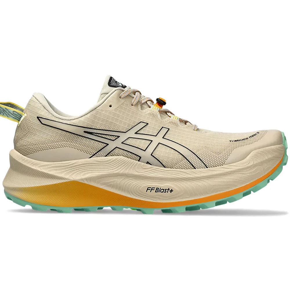 Side view on white background of Mens Asics Trabuco Max running shoe in Feather Grey/Black, Medium (Regular) width