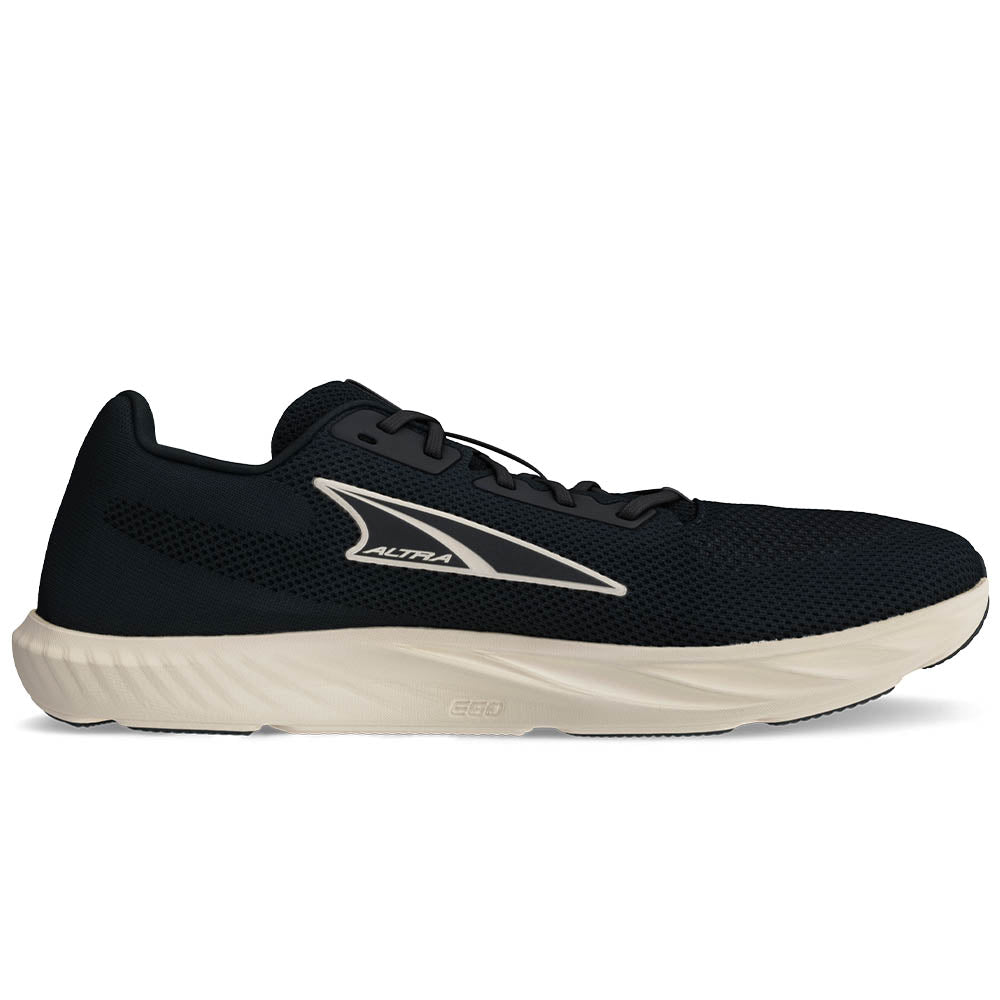 Side view on white background of Mens Altra Escalante running shoe in Black/White, Medium (Regular) width