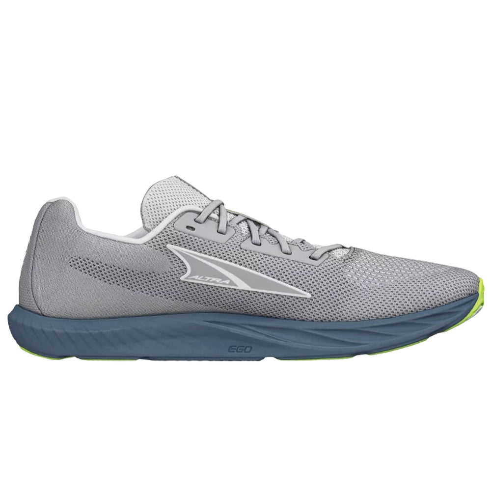 Side view on white background of Mens Altra Escalante running shoe in Gray/Lime, Medium (Regular) width