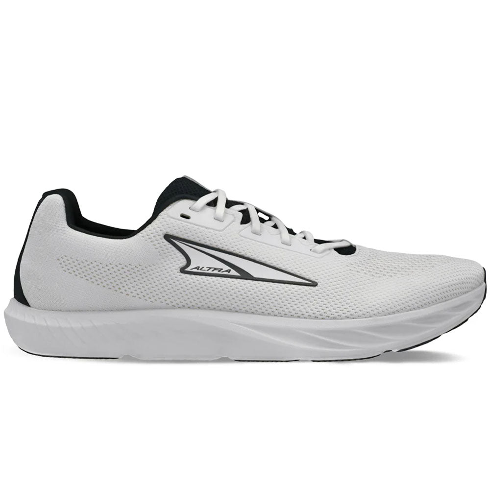 Side view on white background of Mens Altra Escalante running shoe in White/Black, Medium (Regular) width