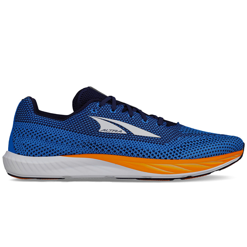 Side view on white background of Mens Altra Escalante Racer running shoe in Blue, Medium (Regular) width
