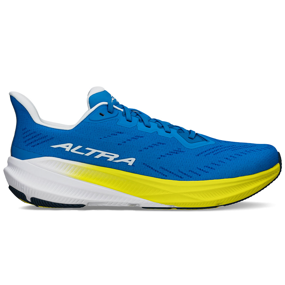Side view on white background of Mens Altra Experience running shoe in Blue/Yellow, Medium (Regular) width