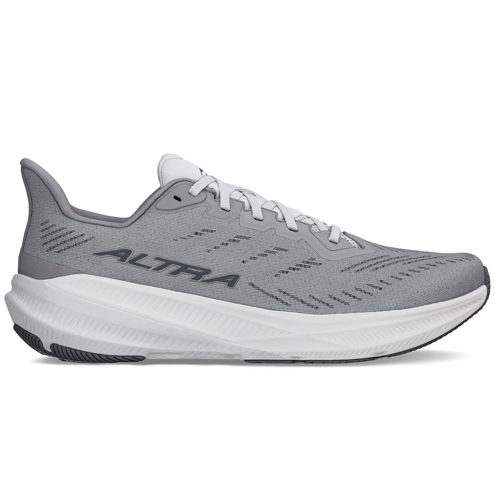 Side view on white background of Mens Altra Experience running shoe in Gray, Medium (Regular) width