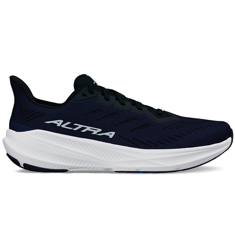 Side view on white background of Mens Altra Experience running shoe in Navy, Medium (Regular) width