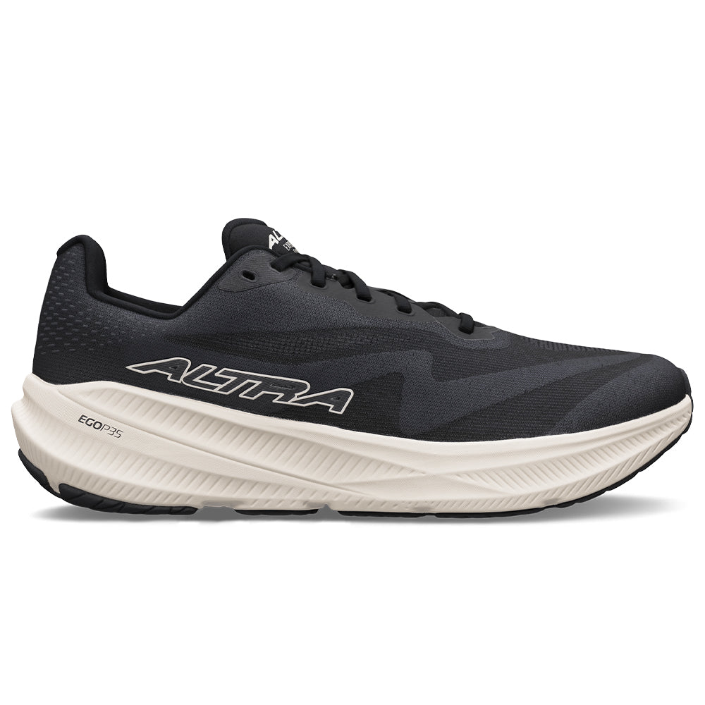 Side view on white background of Mens Altra Experience running shoe in Black/White, Medium (Regular) width