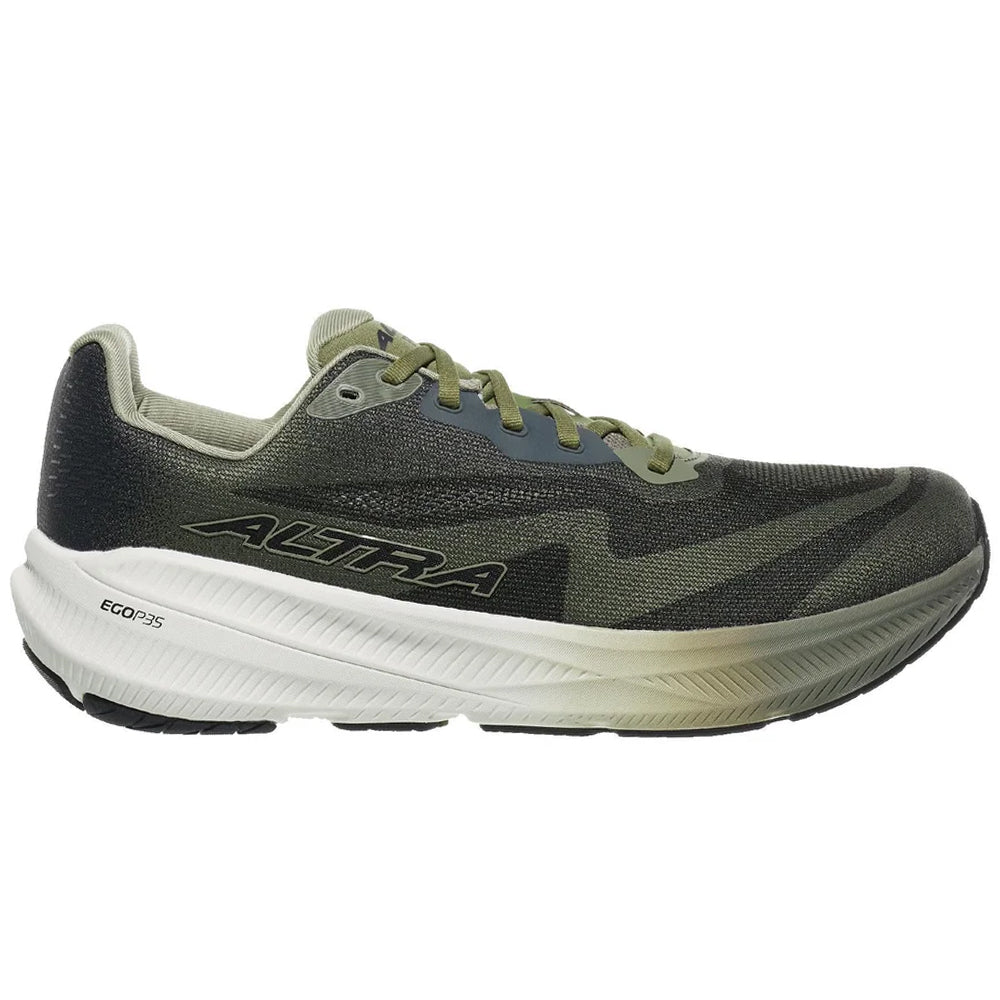Side view on white background of Mens Altra Experience running shoe in Dusty Olive, Medium (Regular) width