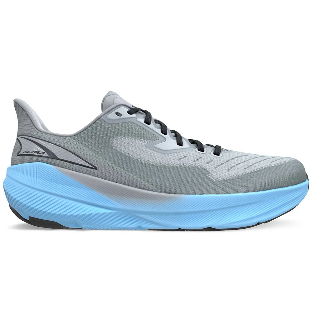 Side view on white background of Mens Altra Experience running shoe in Gray/Blue, Medium (Regular) width