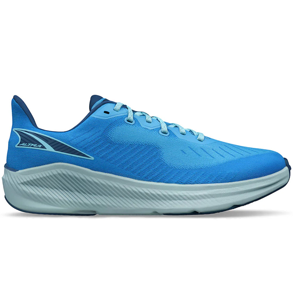 Side view on white background of Mens Altra Experience running shoe in Blue, Medium (Regular) width