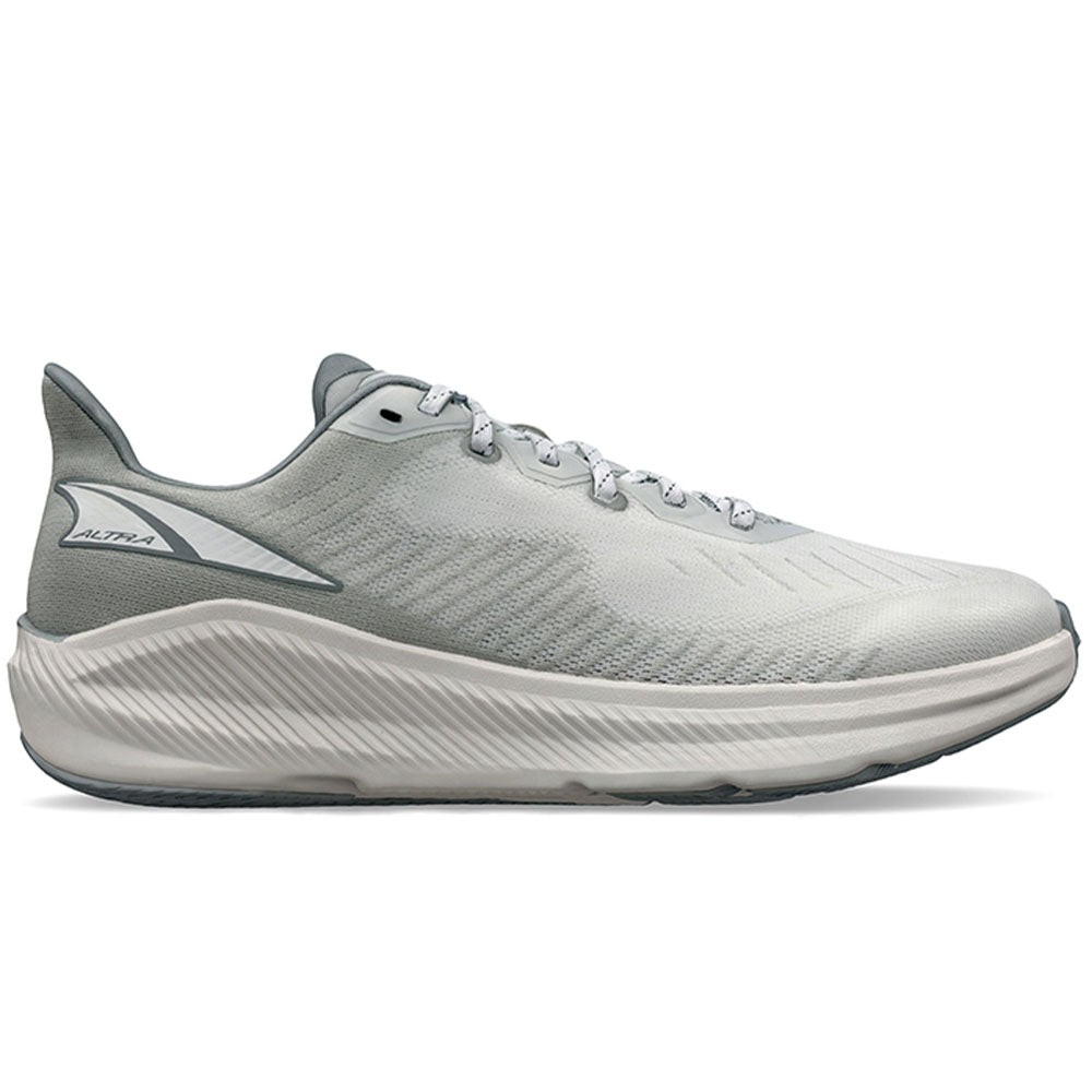 Side view on white background of Mens Altra Experience running shoe in White/Gray, Medium (Regular) width