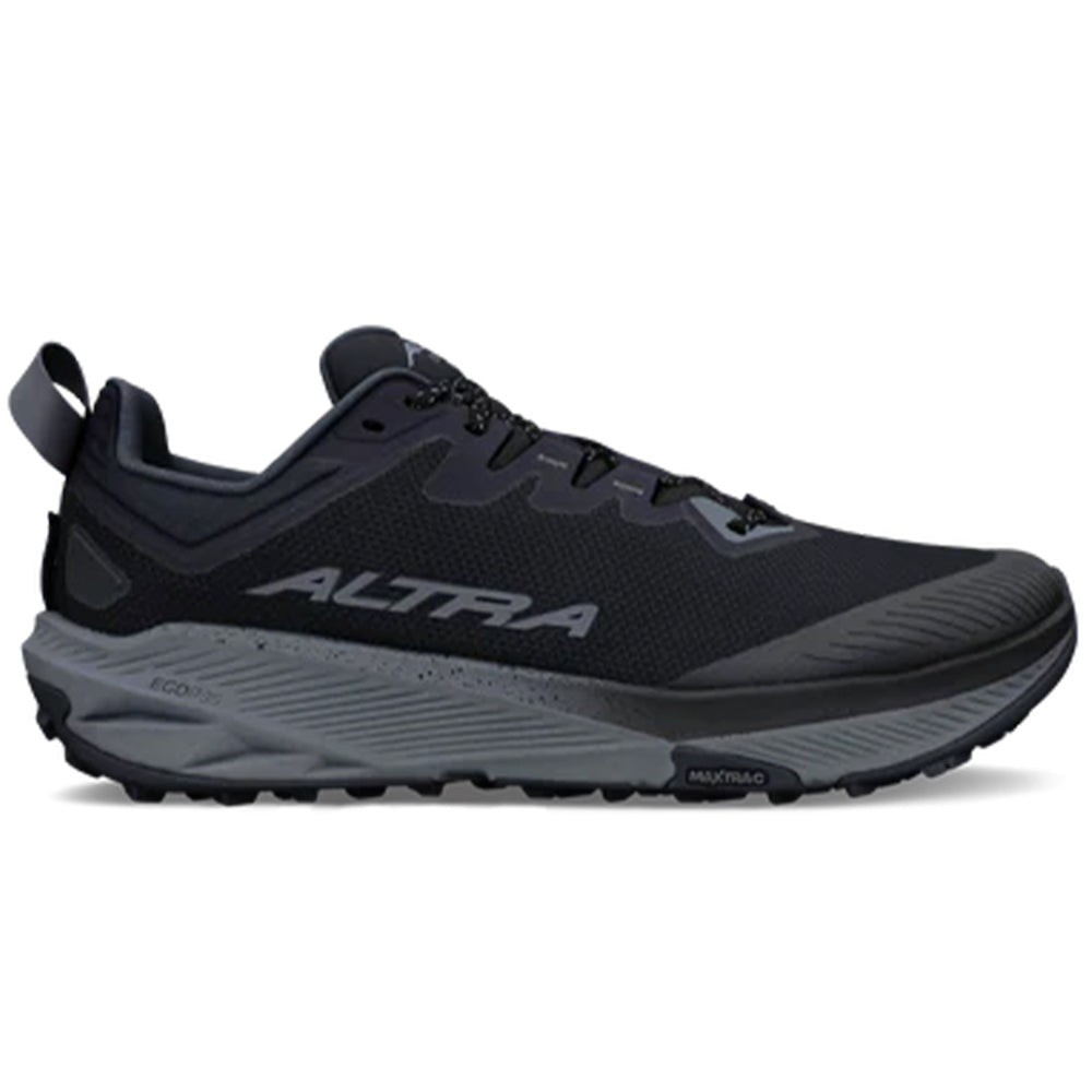 Side view on white background of Mens Altra Experience Wild running shoe in Black/Black, Medium (Regular) width