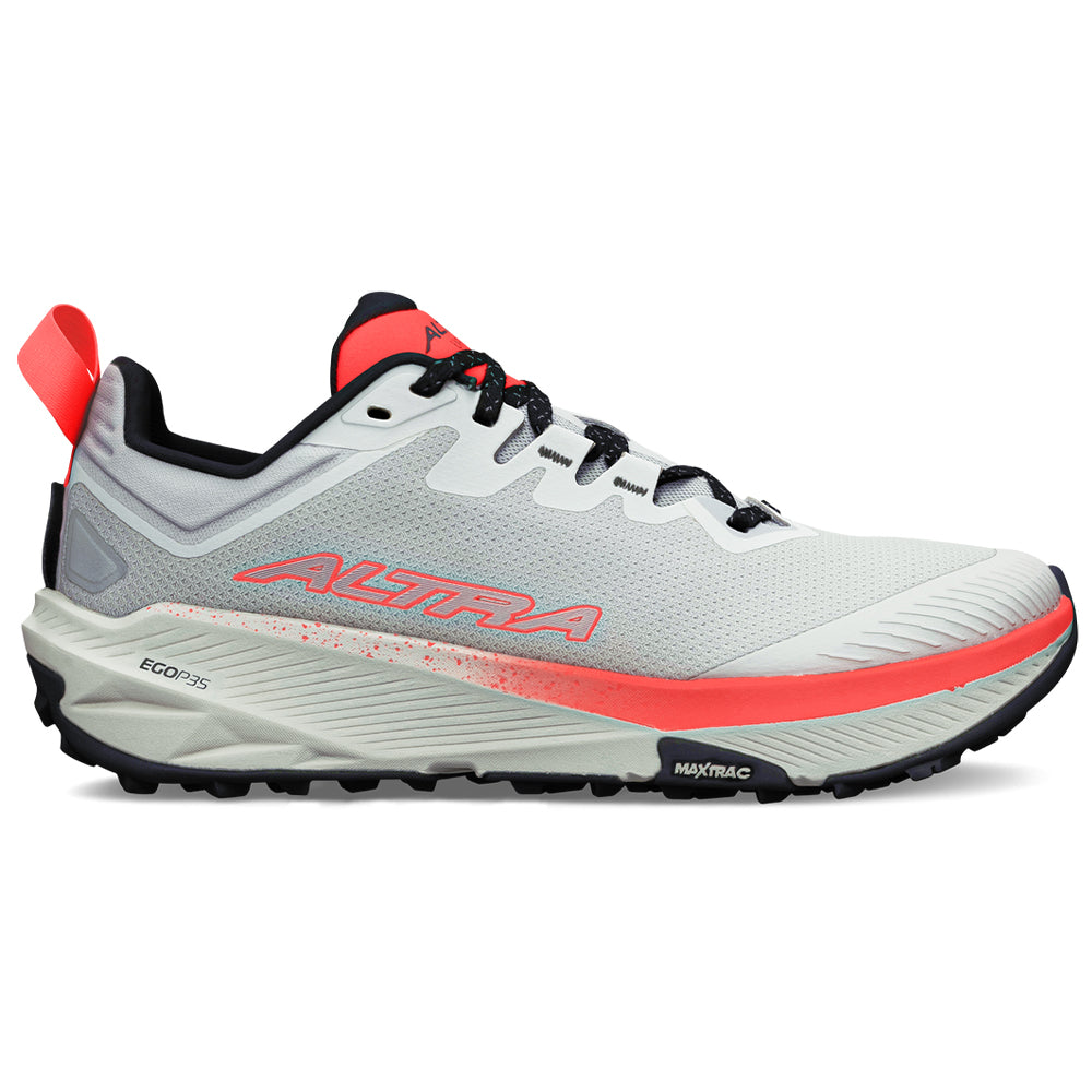 Side view on white background of Mens Altra Experience Wild running shoe in White/Coral, Medium (Regular) width