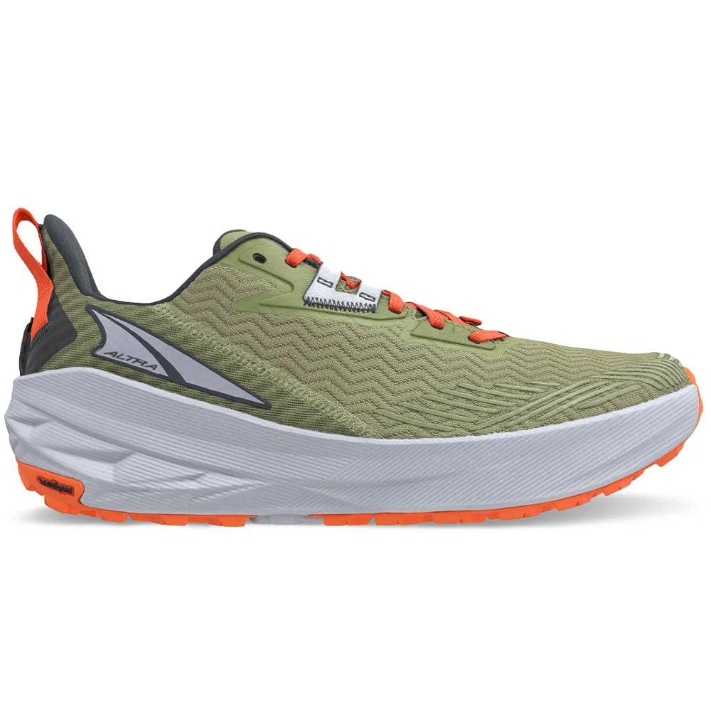 Side view on white background of Mens Altra Experience running shoe in Dusty Olive, Medium (Regular) width
