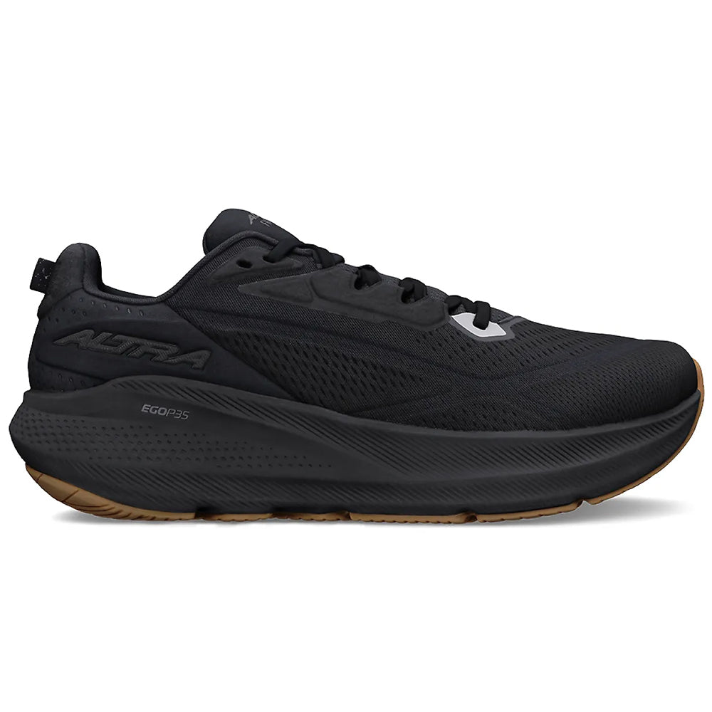 Side view on white background of Mens Altra FWD Via running shoe in Black/Black, Medium (Regular) width