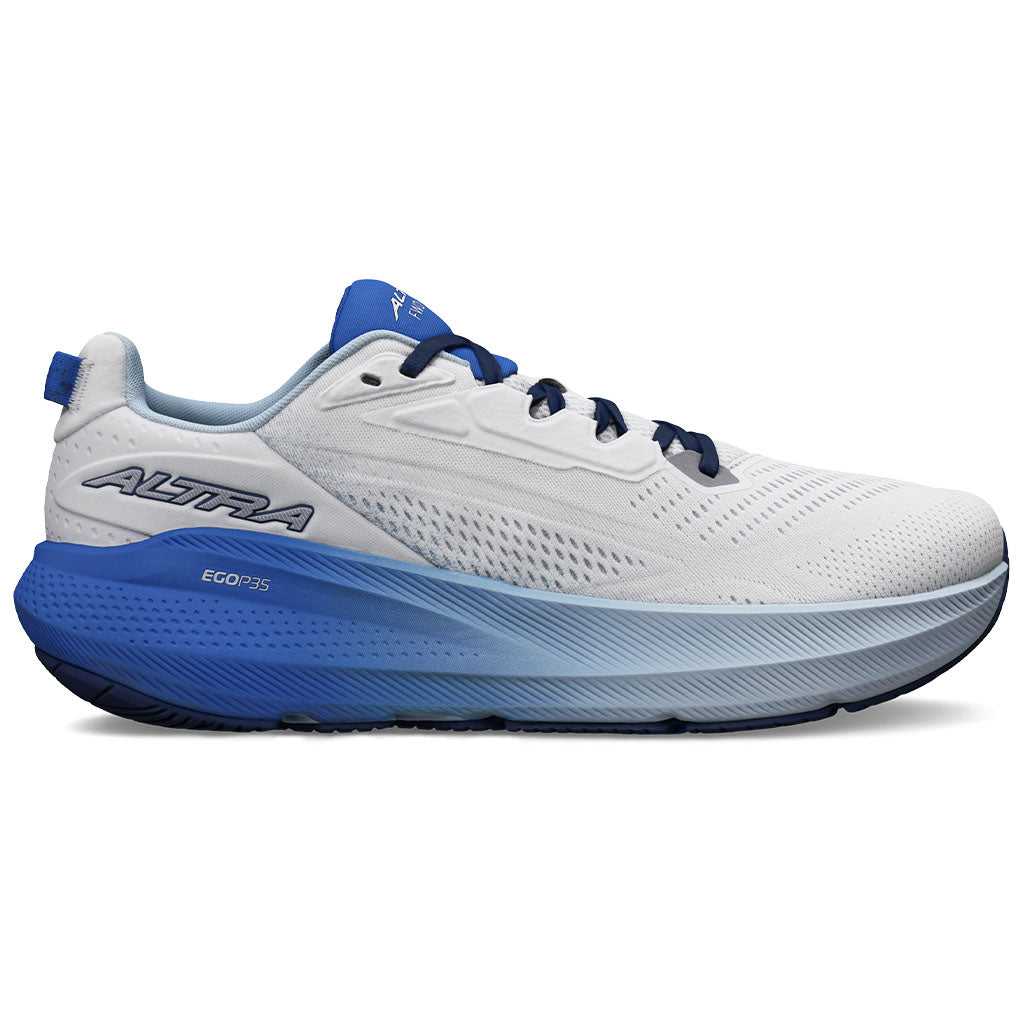 Side view on white background of Mens Altra FWD Via running shoe in Blue/Gray, Medium (Regular) width