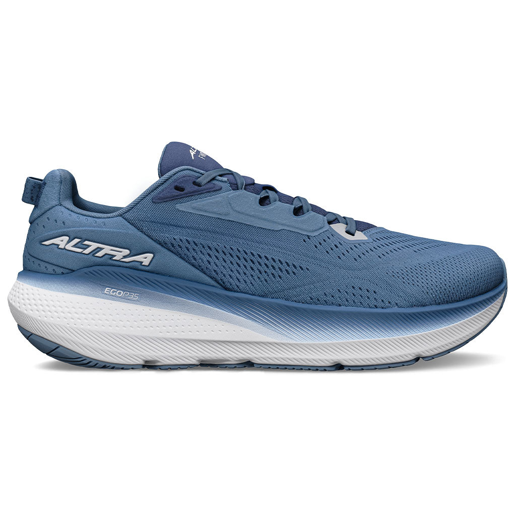 Side view on white background of Mens Altra FWD Via running shoe in Navy/Light Blue, Medium (Regular) width
