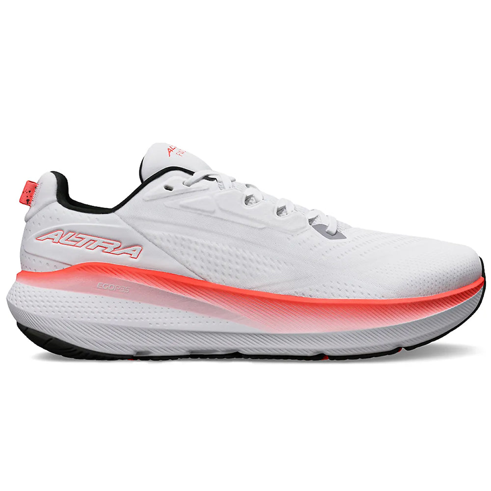 Side view on white background of Mens Altra FWD Via running shoe in White/Coral, Medium (Regular) width